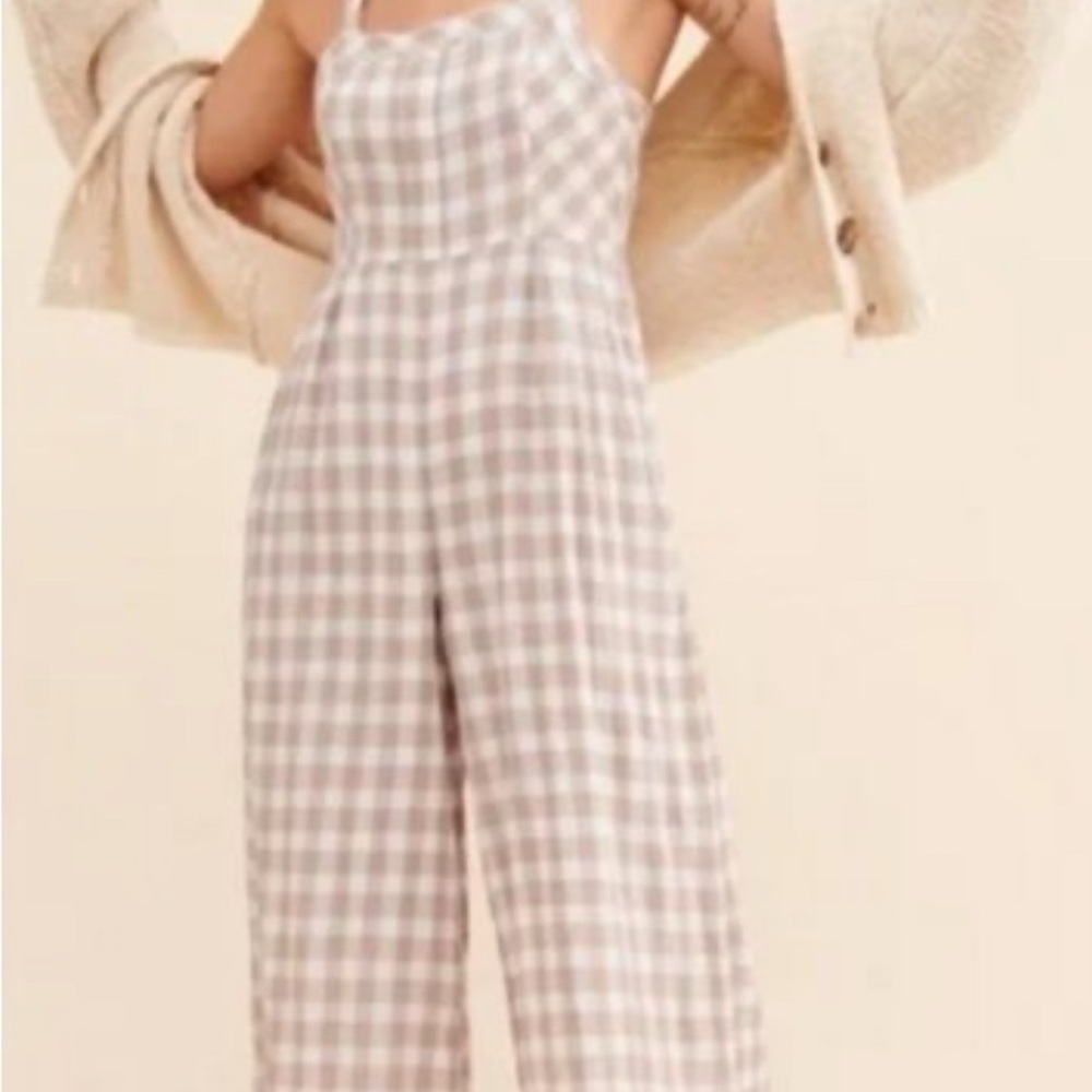 Free People Plaid Jumpsuit in Beige and White